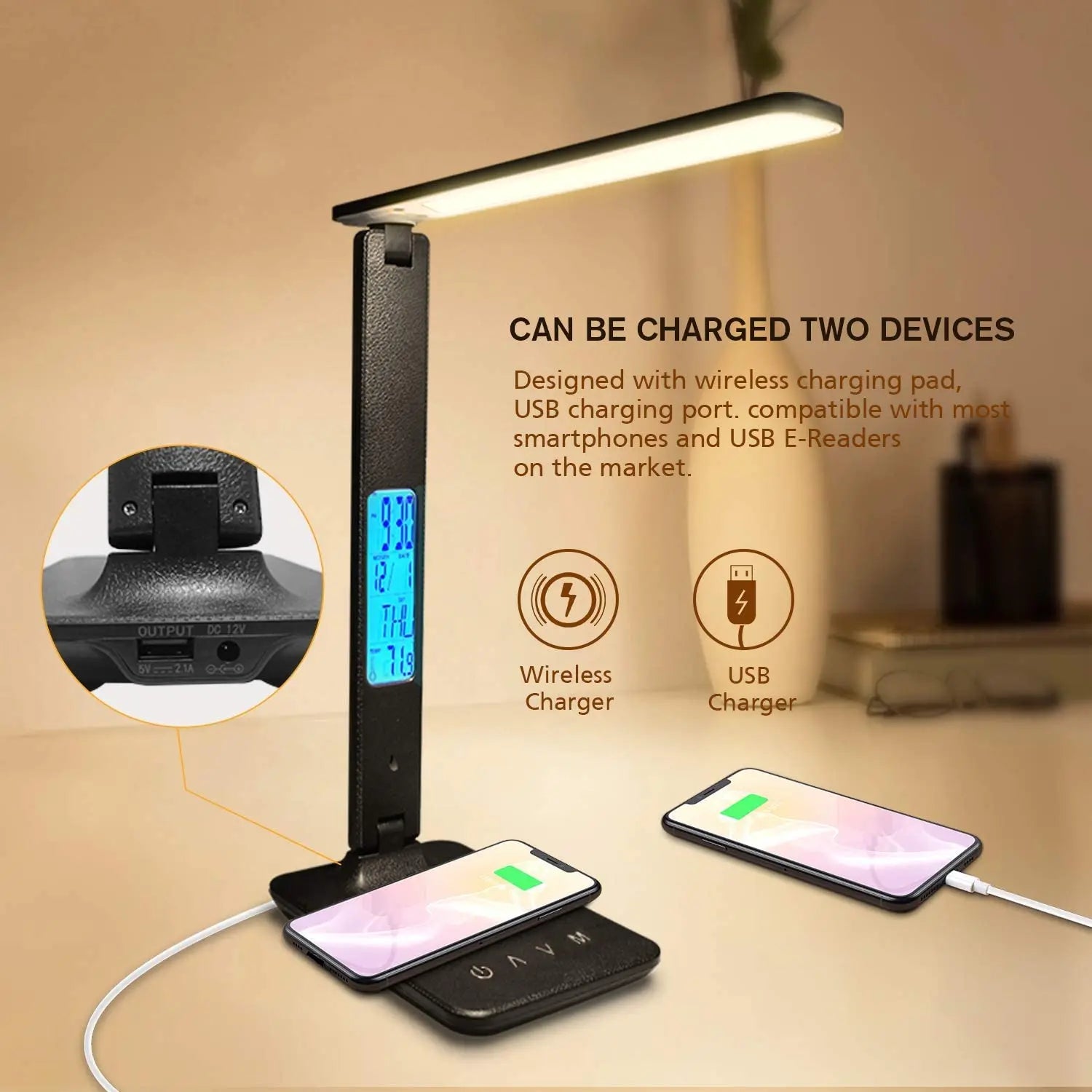 Smart LED Study Lamp with Wireless Charger, Clock & Temperature Display