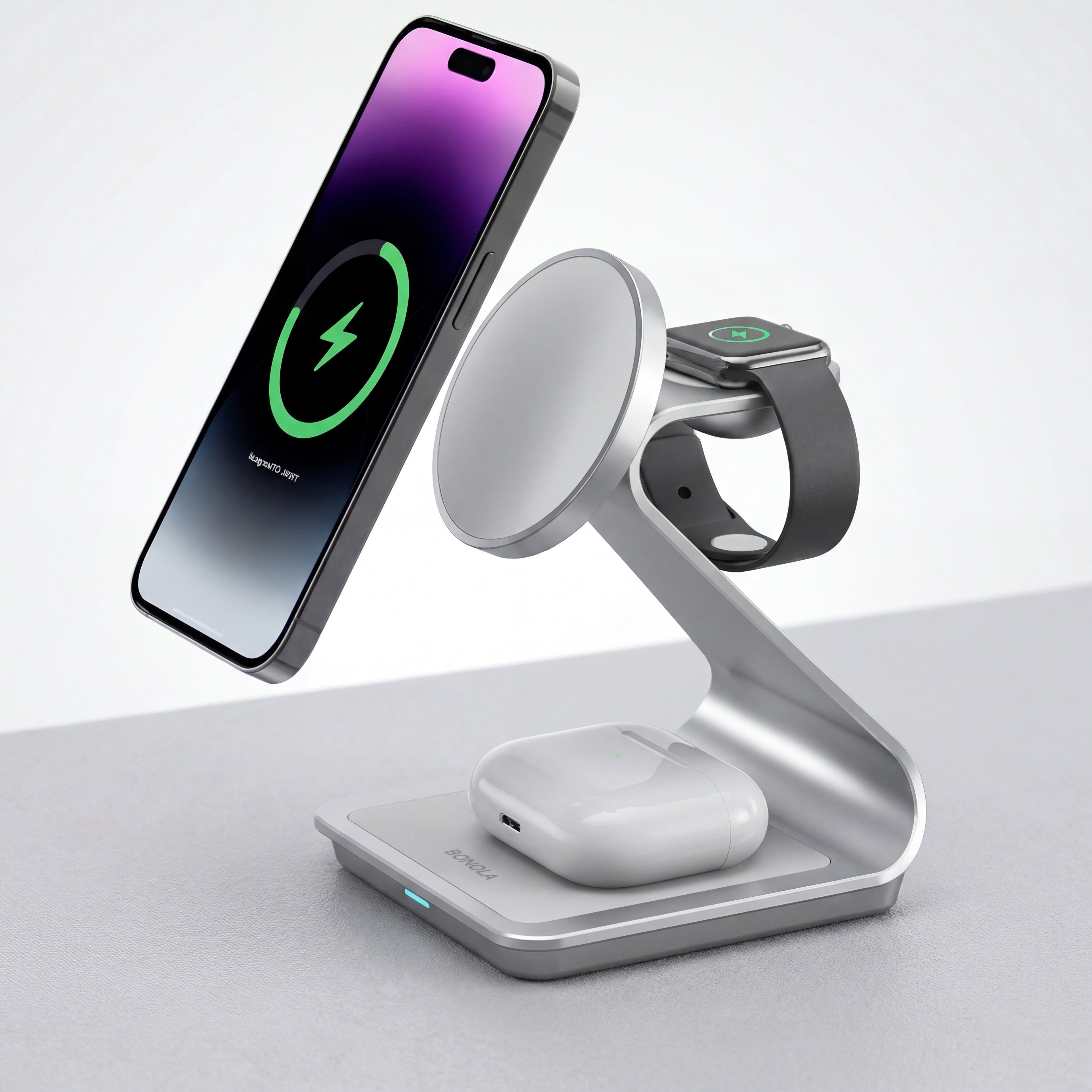 Bonola 3-in-1 Wireless Charging Station – 30W Fast Charger for iPhone 12-17, Apple Watch & AirPods Pro